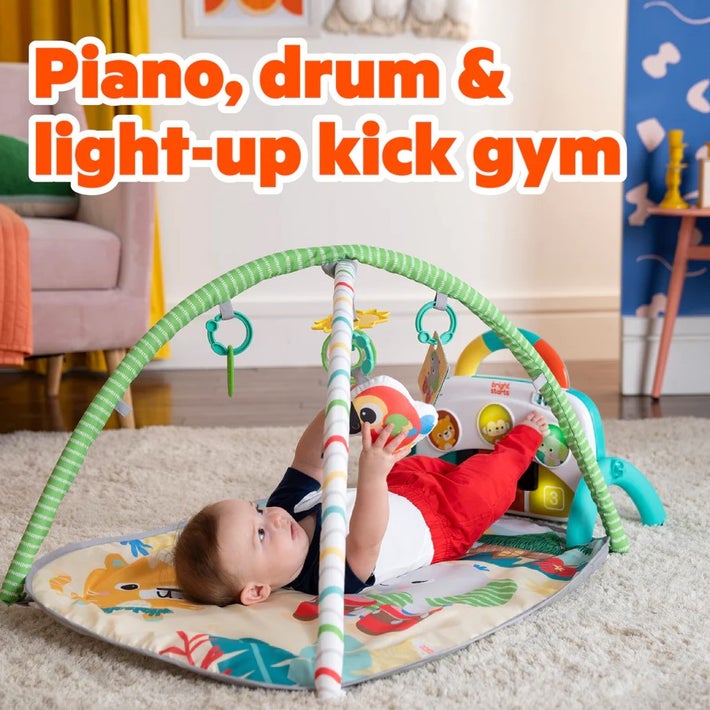Bright Starts 4-in-1 Groovin' Kicks Piano & Drum Kick Gym Tropical Safari, Play Gyms